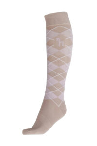Beige knee-high sock with a pale pink argyle pattern and a small 'h' logo on the calf area.
