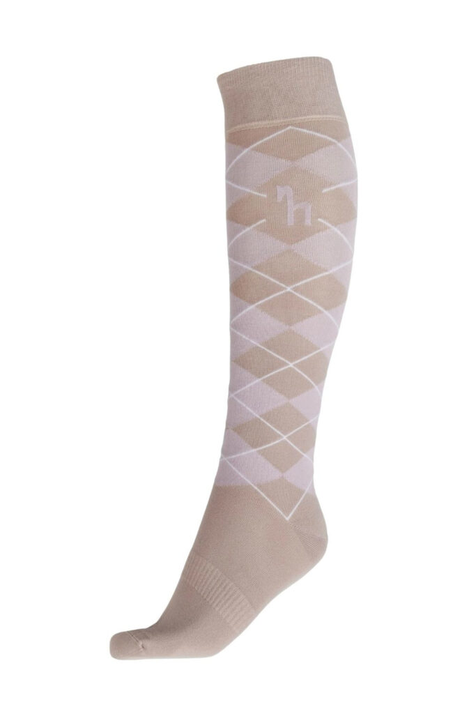 Beige knee-high sock with a pale pink argyle pattern and a small 'h' logo on the calf area.