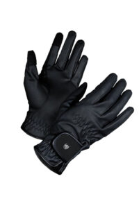 Pair of black textured gloves with a Velcro-adjustable wrist strap.