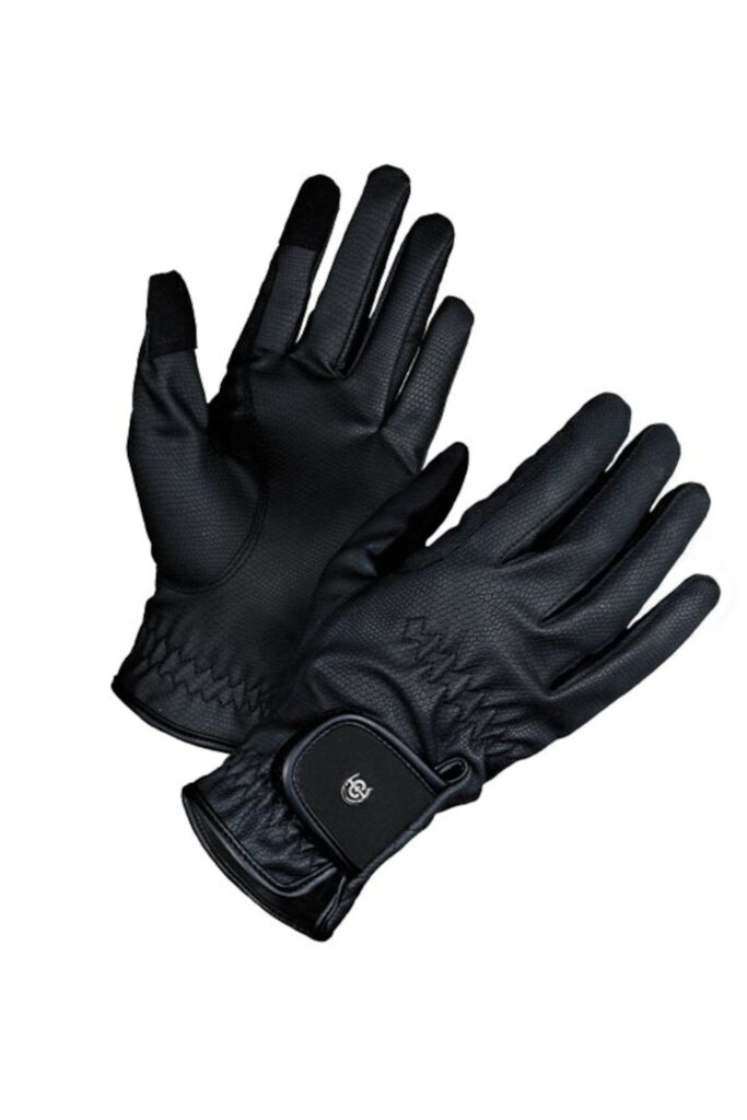 Pair of black textured gloves with a Velcro-adjustable wrist strap.