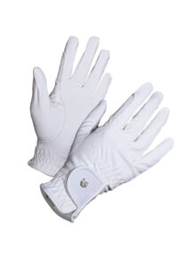 Pair of white athletic gloves with a Velcro wrist strap.