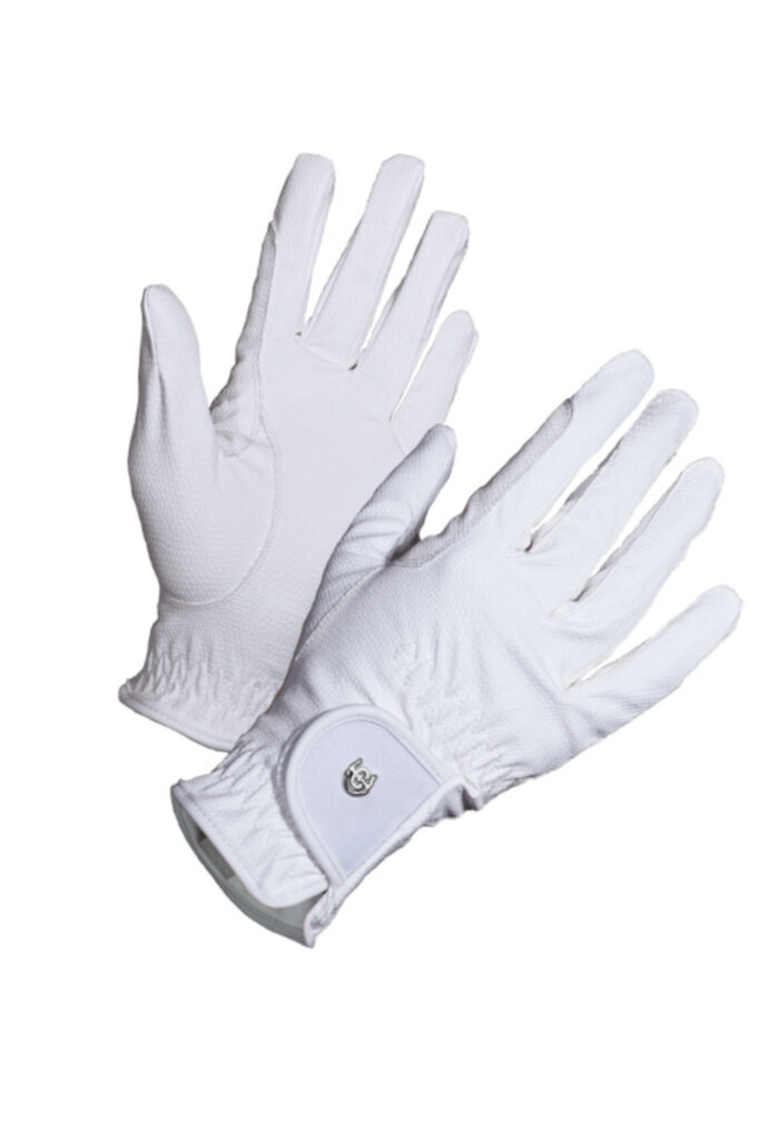 Pair of white athletic gloves with a Velcro wrist strap.